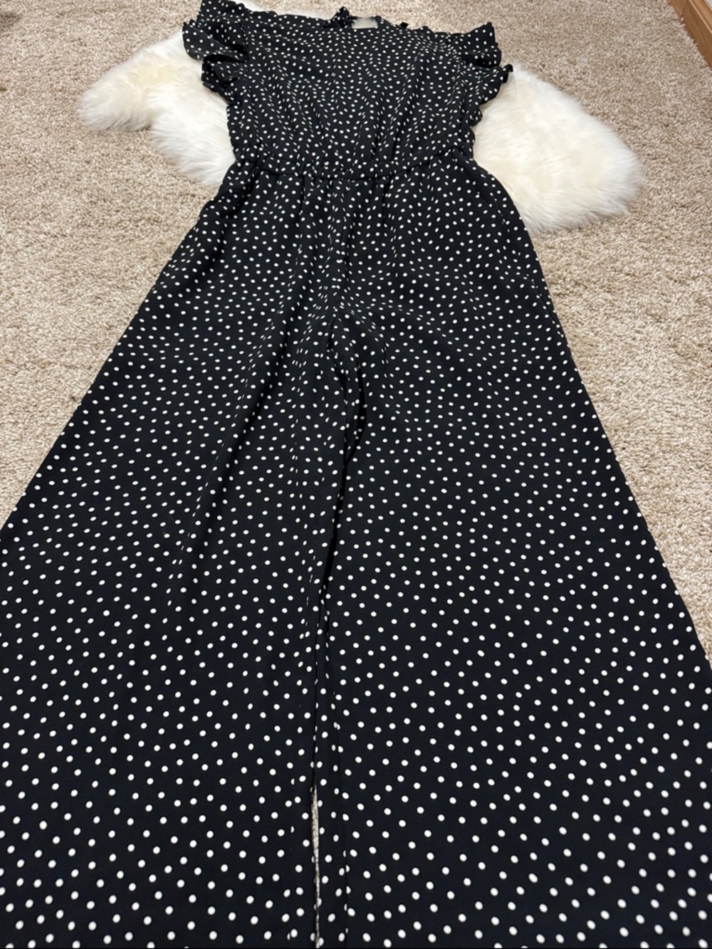 Sanctuary Women’s Black Polka Dot Wide-Leg Jumpsuit with Ruffle Sleeves Size XS - Picture 5 of 8